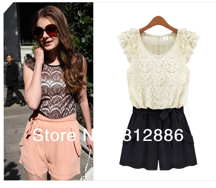 2013 Brand New Lace short sleeve rompers for women plus size fashion Jumsuit ruffle white and pink romper S~XL free shipping