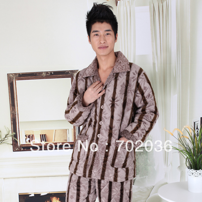 2013 Brand New Men's Coral Fleece Cotton Pajamas Striped Pyjamas Free Shipping