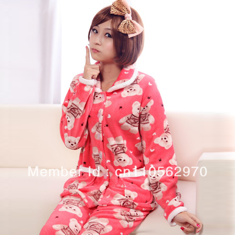 2013 Brand New Woman's Cartoon Bear Pattern Coral Velvet Pajamas Free Shipping