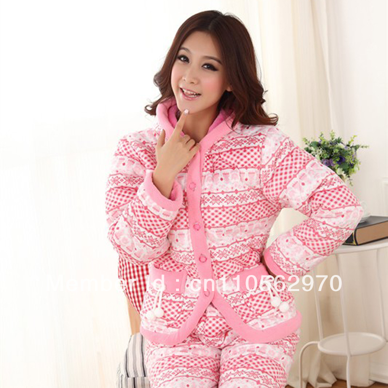 2013 Brand New Woman's Thickening Coral Cashmere Plus Cotton Super Soft Pajamas Hooded Printing Home Service