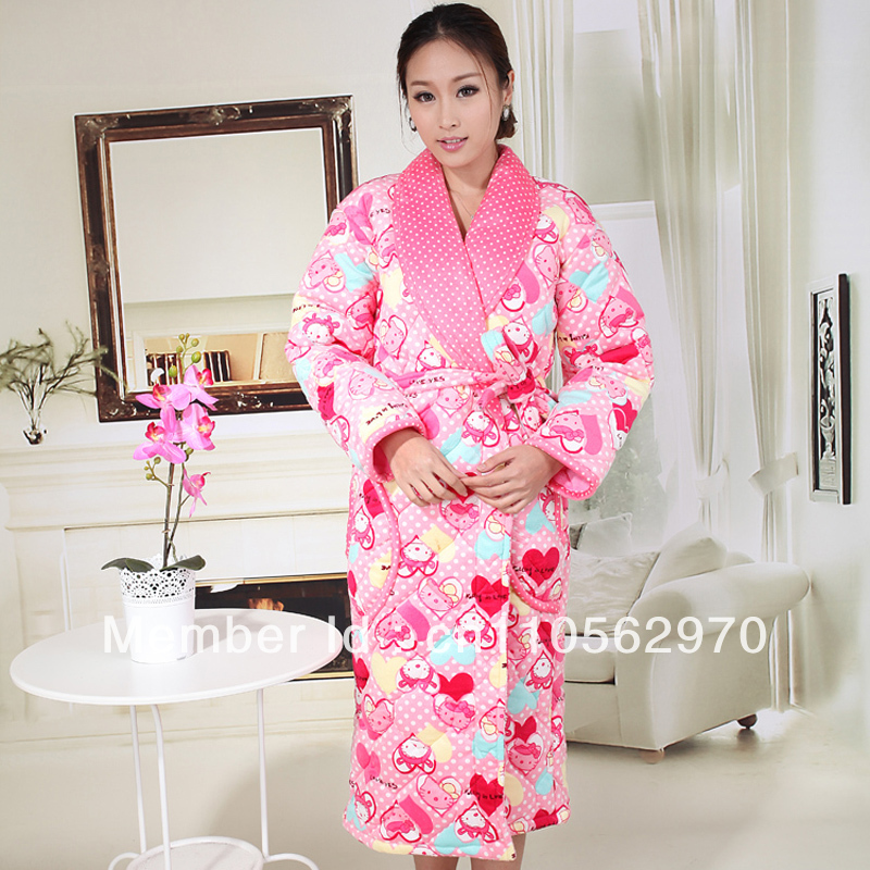 2013 Brand New Women's Thick Warm Coral Velvet Quilted Cartoon Long Section Nightgown Free shipping