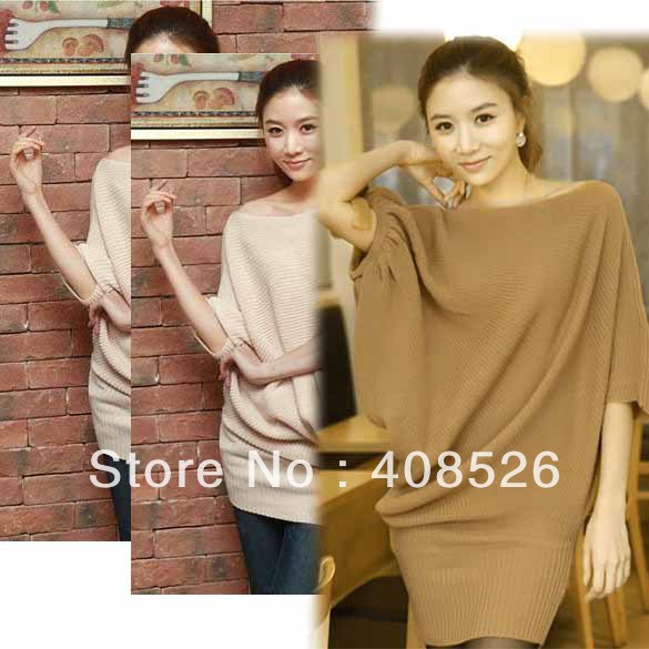 2013 Casual Korea Women's Boat Neck Irregular Batwing Sleeve Knitted Sweater Over Hip Dress 2Colors free shipping 9407