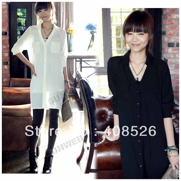 2013 Casual Korea Women's V-neck Irregular Lower Hem Long Sleeve Chiffon Blouse Top Black, White Free shipping 9358