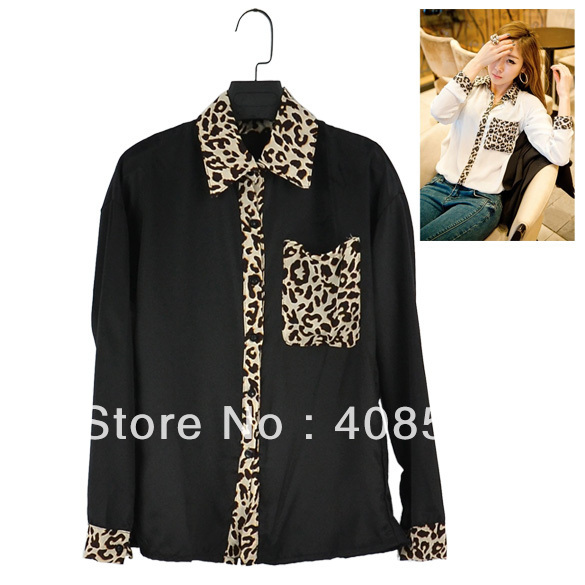 2013 Casual Women Leopard Blouse Button Down Long Sleeve Loose Chiffon Blouse Top Black free shipping 10048