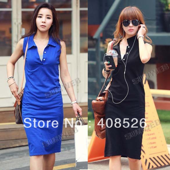 2013 Casual Women's Simple Style Cotton Sleeveless  Leisure One-piece V-neck Dress Solid Color Black, Blue free shipping 10069