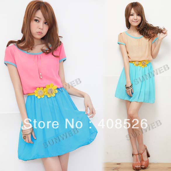 2013 Casual Women's Summer Splicing Round Collar Short Sleeve Chiffon Dress With Belt Free shipping 10293