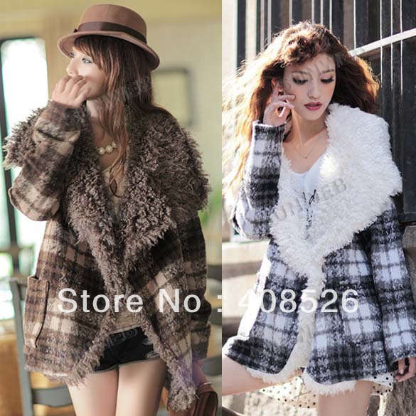 2013 Casual  Women's Warm Winter Circle Fur Collar Woolen Short Coat Jacket Grid Outwear M,L free shipping 9553