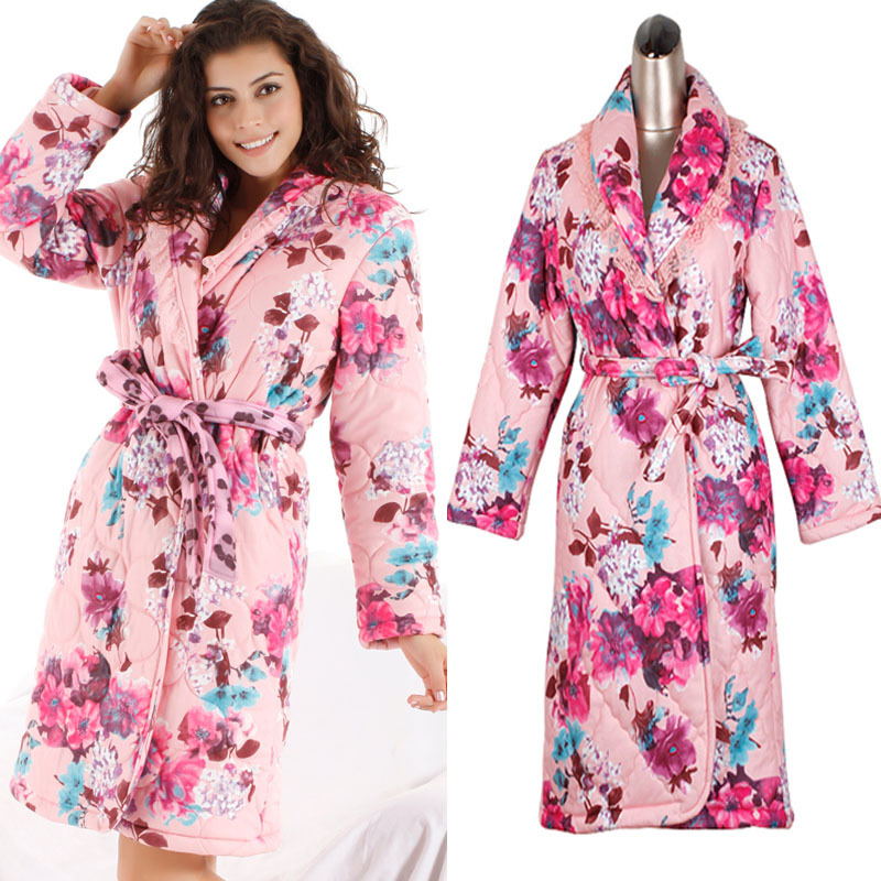 2013 christmas womens Winter Inner coral fleece lined long-sleeve nightgown print floral sleep lounge coat robe belt cotton 0129