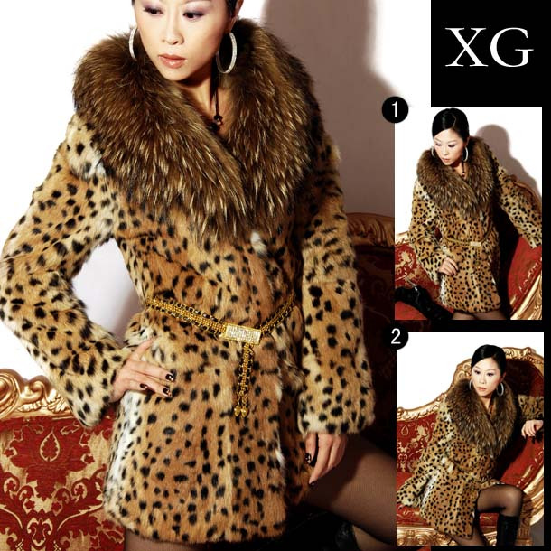 2013 Classic large raccoon fur rabbit fur leopard print fur coat overcoat women's free shipping