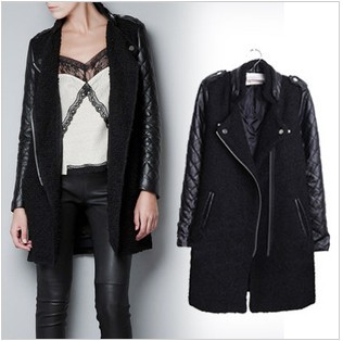 2013 Collar Black Long Stitch Leather Sleeve Wool Women's Outerwear Coat  Winter Fashion leisure Jacket Free Shipping ZLCWT008