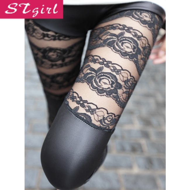 2013 collcction perspectivity lace patchwork flower leather pants rose legging