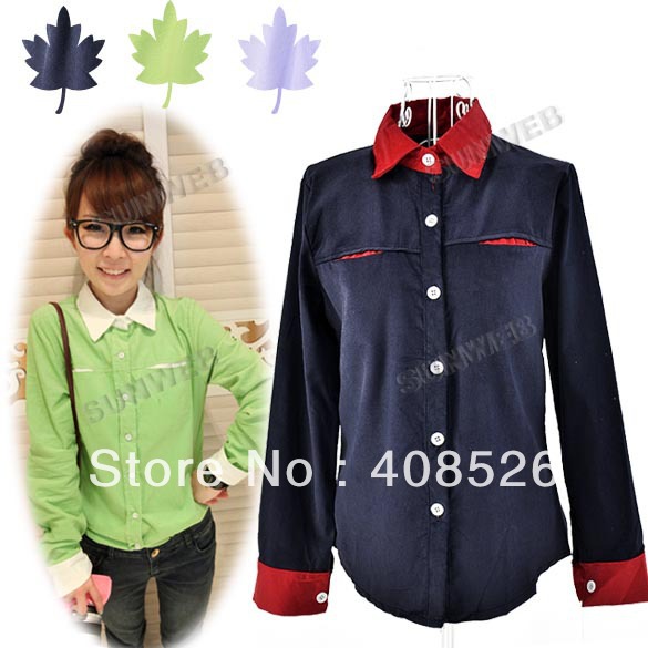 2013 Cotton NEW Women's Candy Contrast Color Corduroy Collar Casual Long Sleeve Shirt Free shipping 9272