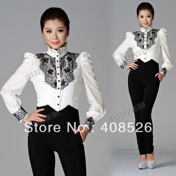 2013 Cotton Women's Korea Lace Lotus Leaf Stand Collar Puff Long Sleeve shirt OL Blouses Tops White Free shipping 10029