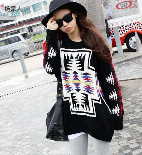 2013 cross stitch flower fashion sweater dress winter female thick sweater thick loose pullover plus size sweater outerwear