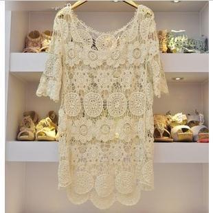 2013 Crotch cutout lace midguts lace one-piece dress hook flower lace cutout lady's loose sweater shirt free size