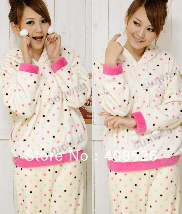 2013 Cute Winter Women's Pajamas Sleepwear sets Dots Pattern Hoodied Sleep Clothes Set Coral Fleece 2 Sizes free shipping 9280