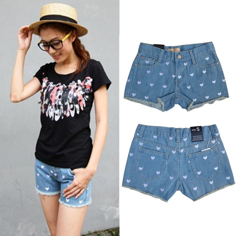 2013 denim shorts female heart pattern casual denim shorts summer female loose