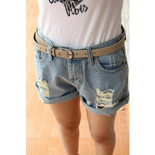 2013 Denim shorts female loose roll-up hem hole shorts plus size vintage high waisted denim shorts