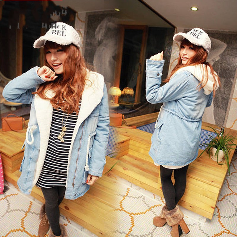 2013 detachable liner hooded slim waist berber fleece large lapel tooling thickening denim wadded jacket outerwear female