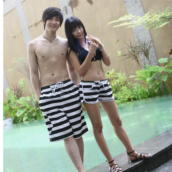 2013 Discount Lovers shorts White and black stripe men beach pants Sport beachwear swimming trunks for women 2pcs Free shipping