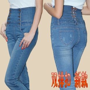 2013 double breasted high waist jeans skinny pants pencil pants high waist pants female 3012