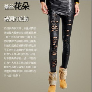 2013 dress free shipping` Spring legging fashion faux leather rose lace cutout ankle length trousers legging female