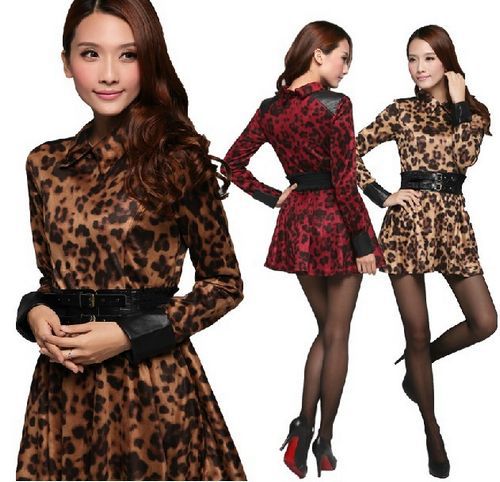 2013 Dress New Fashion Sexy Leopard With Leather Belt & Cuff Slim Women Dresses Lady Expansion Skirt Free Shipping