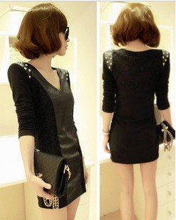 2013 dress sexy slim hip leather skirt beading long-sleeve spring  dress