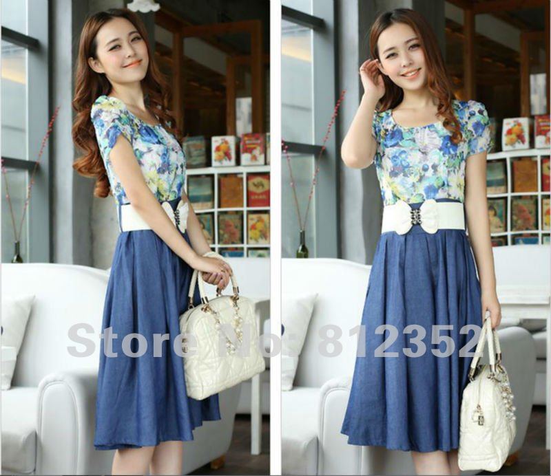 2013 Dresses Women Fashion Long Printed tops for Ladies Plus Size dress OL Chiffon short sleeve Jean Skirt + bow Belt