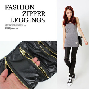 2013 dull faux leather zipper 3 line knee patchwork pencil basic pants