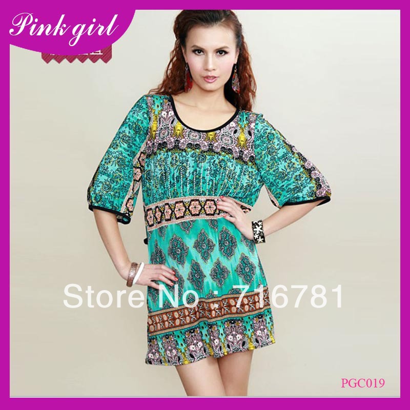 2013 elegant  spring summer vintage bohemian flower print sequined plus size lady fashion casual dress