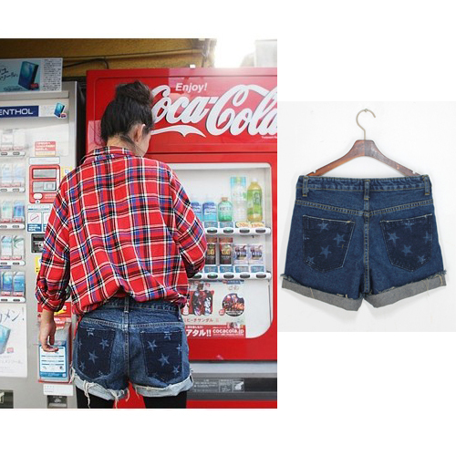 2013 embroidery five-pointed star hole loose denim shorts women's jeans