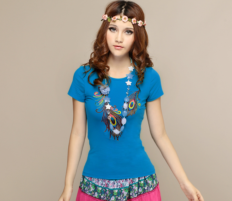 2013 Embroidery Peacock Leather Summer Cotton T-Shirts Ladies Tee Shirt Tops Wear Clothing Wholesale T0234