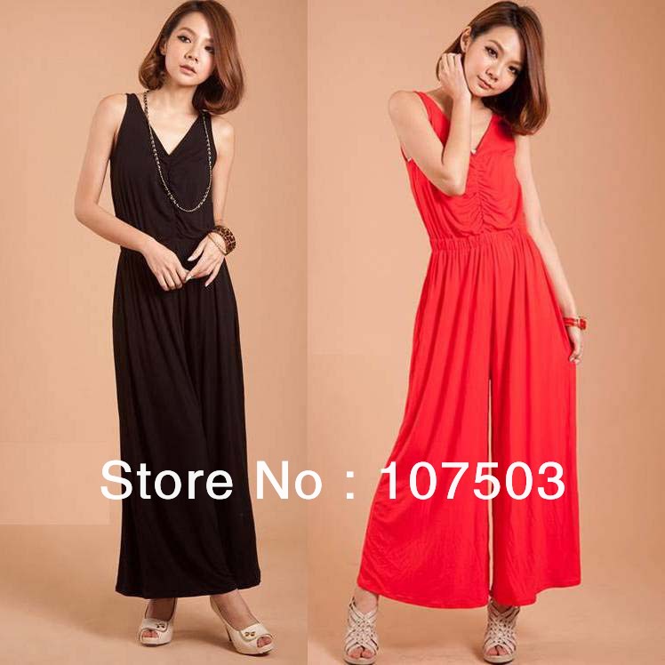 2013 Europe American lady Women's summer new V-neck folds wide vest one-piece jumpsuit pants  trousers two colors w3468