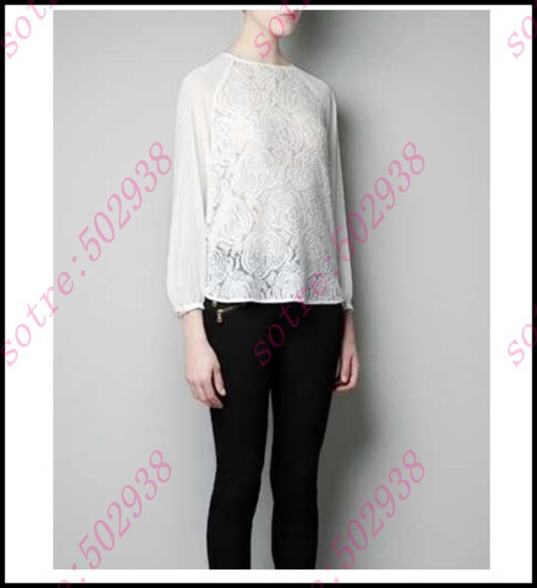 2013 Europe Style/ Chic Ladies O Neck Solid Lace Chiffon Blouse Freeshipping