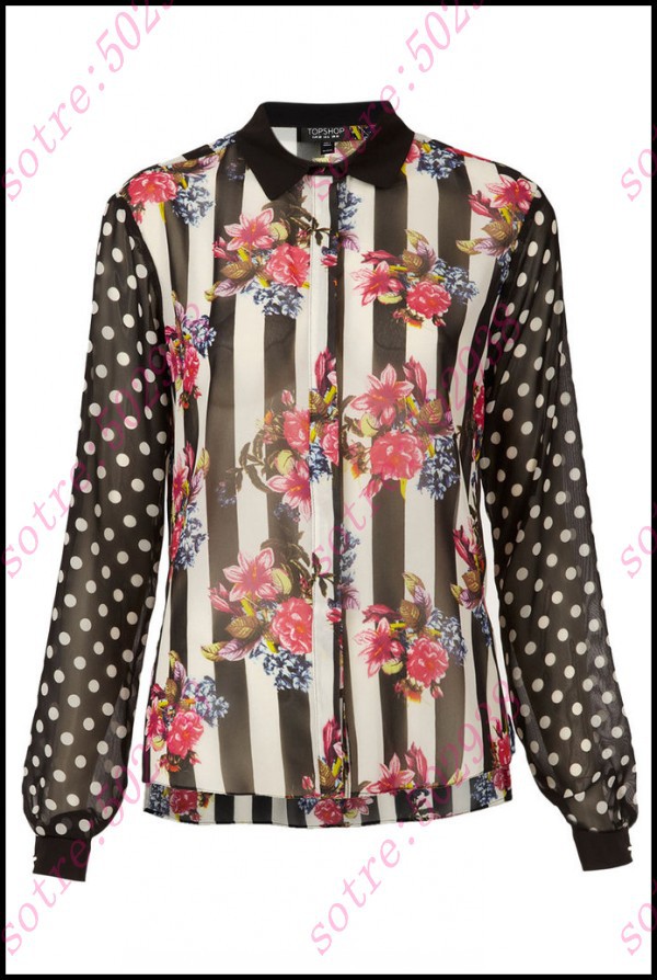 2013 Europe Style/ Chic Ladies Shirt Floral Print  Dot Lapel Chiffon Blouse Freeshipping