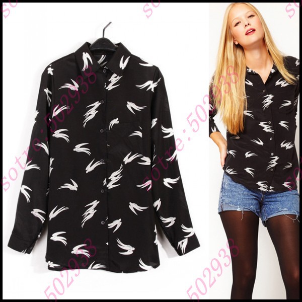 2013 Europe Style/ Chic Ladies Swallow Print Lapel Chffon Blouse Freeshipping