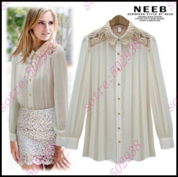 2013 Europe Style/ Chic Ladies White Hollow Out Lapel Pleated Chiffon Blouse Freeshipping