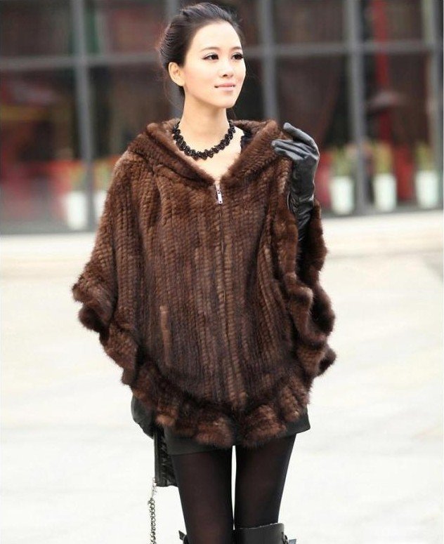 2013 Europe Style Lady Genuine Mink Fur Fashion Cape/Shawl/Poncho /coat With Hoody Made By Hand Knitting  DHL Free Shipping