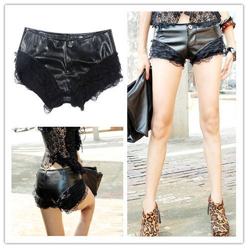 2013 European  sweet sexy stitching cortical layers of lace Leggings hipster PU leather shorts boots pants,women shorts d989911