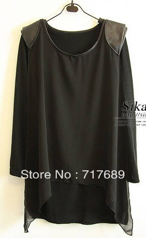 2013 fake two-piece leather shoulder pads knit long-sleeved chiffon tops bottoming shirt