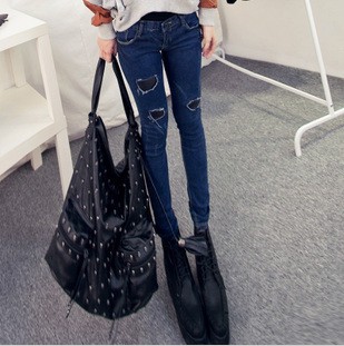 2013 fashion all-match black leather patch blue jeans female pencil pants trousers