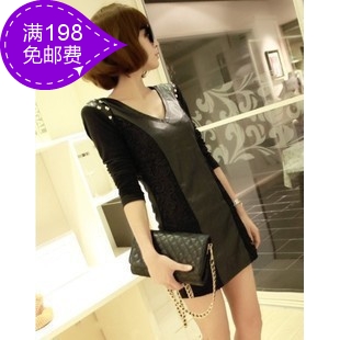 2013 fashion autumn and winter slim punk lace patchwork rivet leather long-sleeve one-piece dress