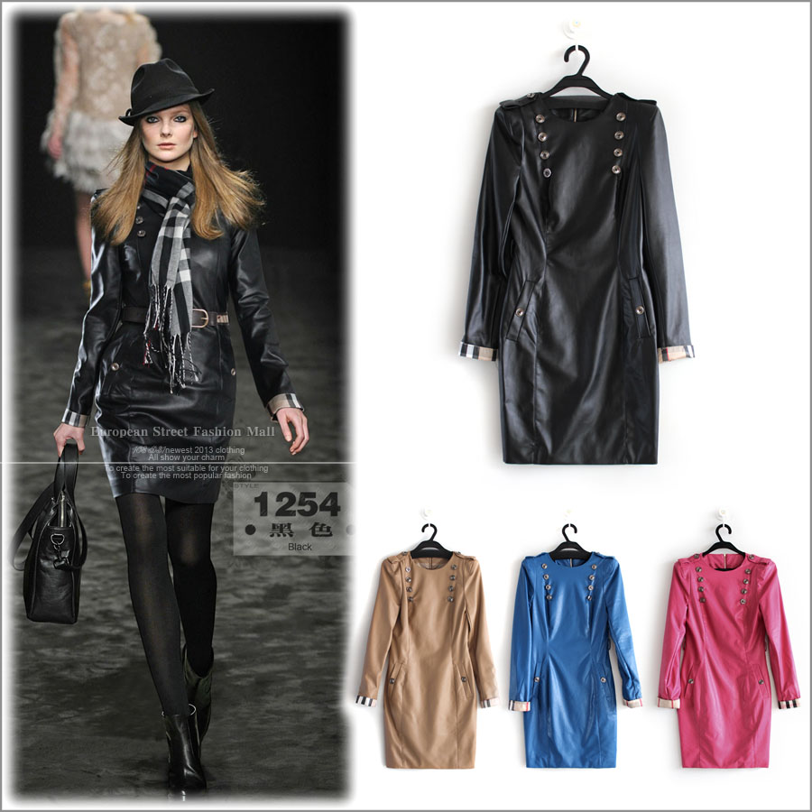 2013 fashion autumn and winter women double breasted after long-sleeve leather one-piece dress trench 1254