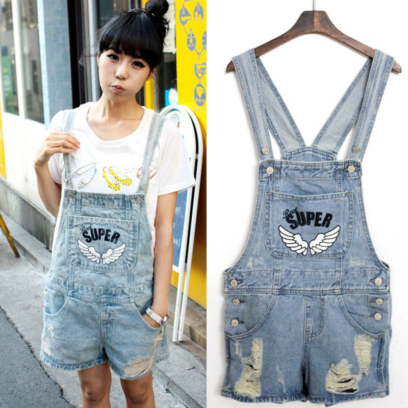 2013 fashion distrressed print denim shorts bib pants jumpsuit plus size Free shipping