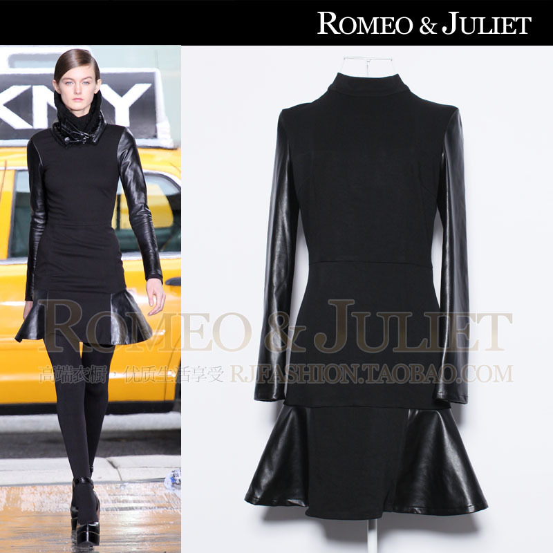 2013 fashion dress for women, perfect slim PU patchwork fish tail sweep long-sleeve leather skirt high street dress