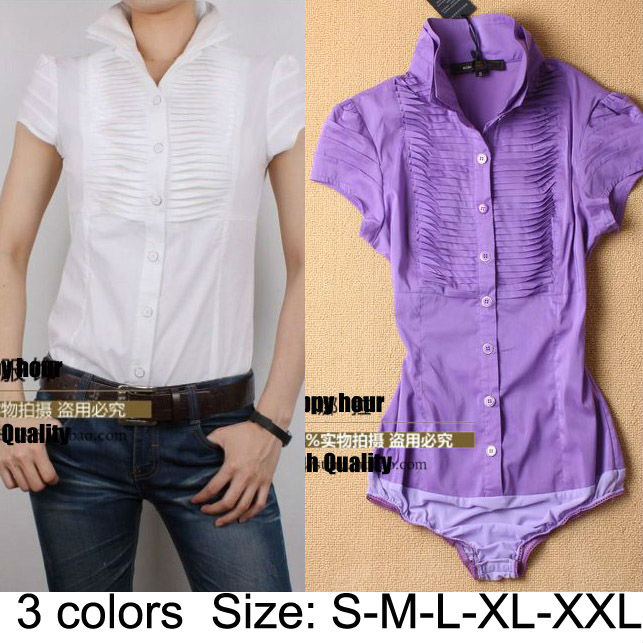 2013 Fashion Elegant pleated short sleeve OL Shirt Brand Blouse Purple, black, white S-M-L-XL-XXL SY0063 Free shipping