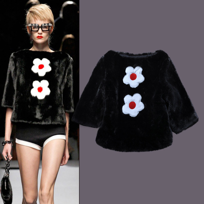 2013 fashion excellent marten velvet black flower fur short design top