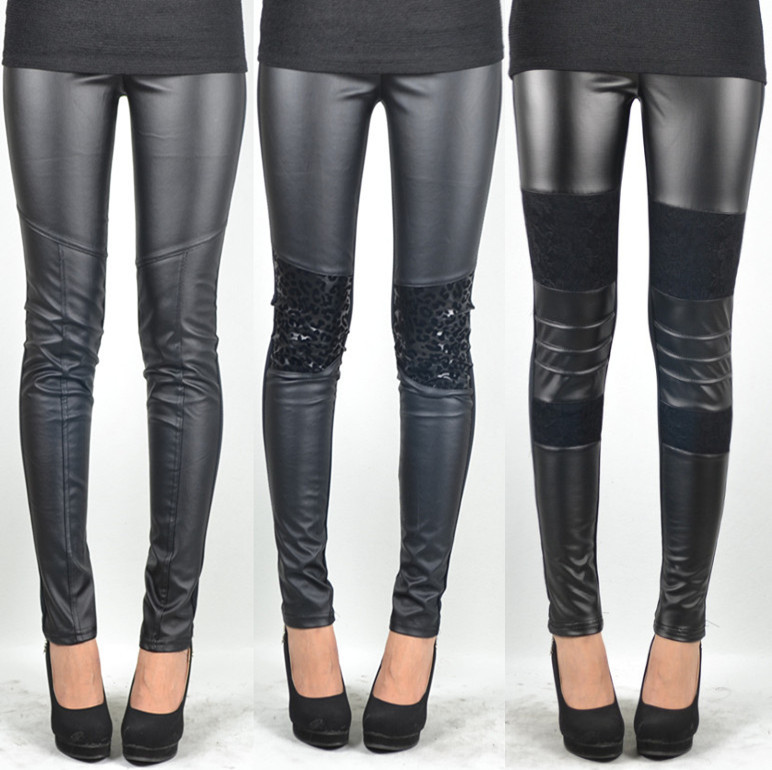 2013 fashion faux leather pants female matt faux leather tight legging pants patchwork female trousers autumn and winter