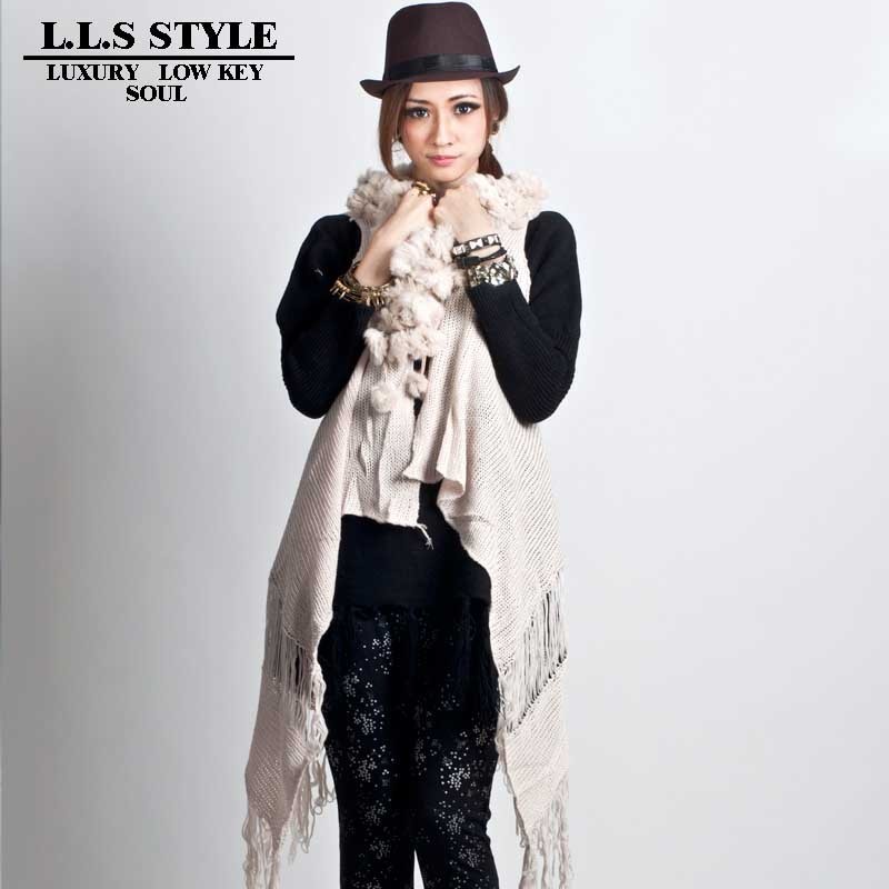 2013 fashion female sleeveless sweater dovetail cutout tassel fur collar cardigan long design cape sweater outerwear